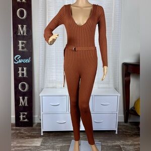 HERA COLLECTION Ribbed Long sleeve Knit Catsuit In Caramel Brown Size S EUC